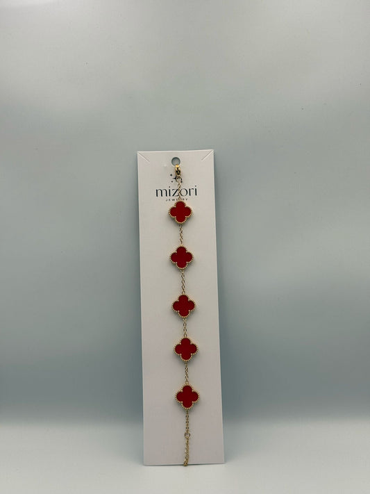 Mizori Jewelry red and gold stainless steel clover bracelet, elegant minimalist women’s fashion accessory