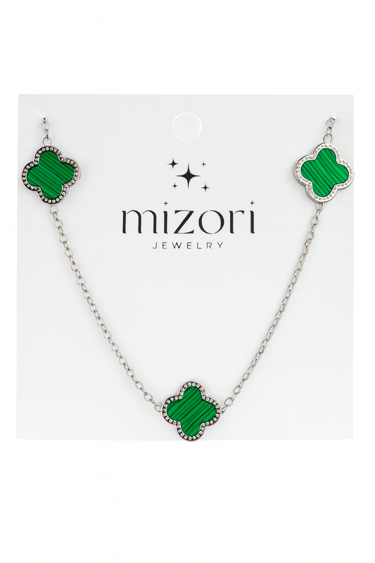 Mizori Jewelry stainless steel silver necklace with three 13mm green clovers, water resistant and tarnish resistant