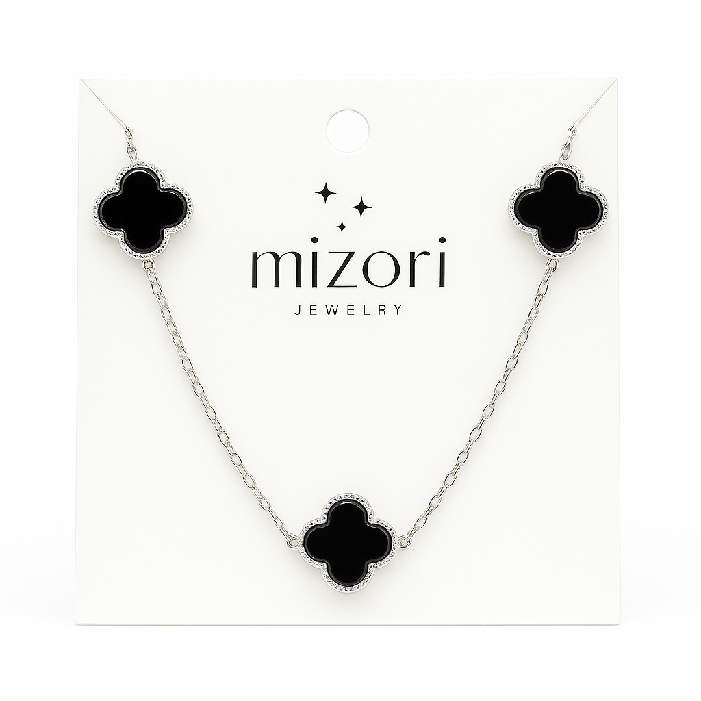 mizori jewelry stainless steel silver black clover necklace 13mm with 3 clovers