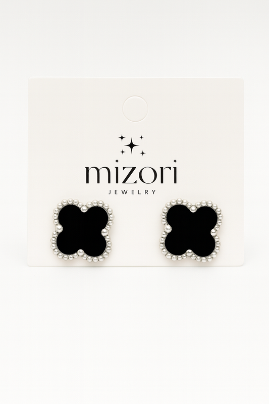 mizori jewelry stainless steel silver black clover earrings 13mm