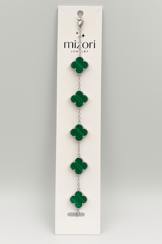 Mizori Jewelry stainless steel silver bracelet with five 13mm green clovers, water resistant and tarnish resistant.