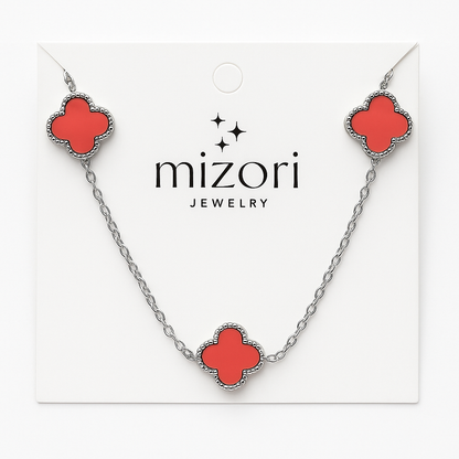 Mizori Jewelry stainless steel silver pink clover necklace 13mm elegant water resistant fashion jewelry