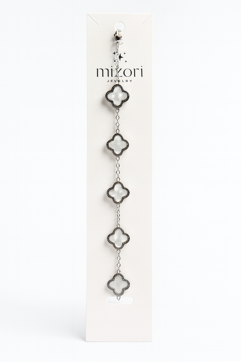 Mizori Jewelry stainless steel silver bracelet with five white 13mm clovers, water resistant