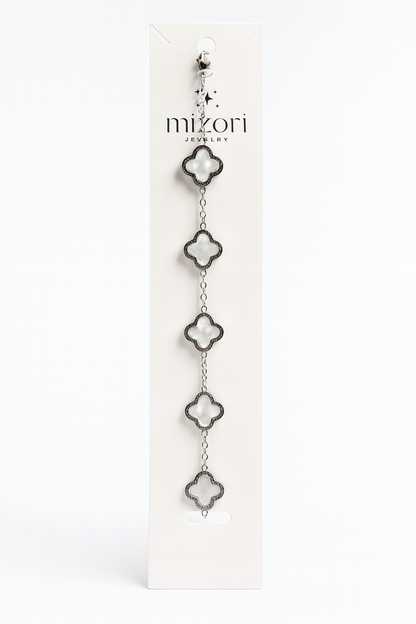Mizori Jewelry stainless steel silver bracelet with five white 13mm clovers, water resistant