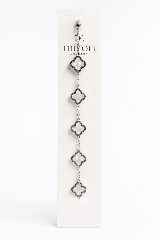 Mizori Jewelry stainless steel silver bracelet with five white 13mm clovers, water resistant