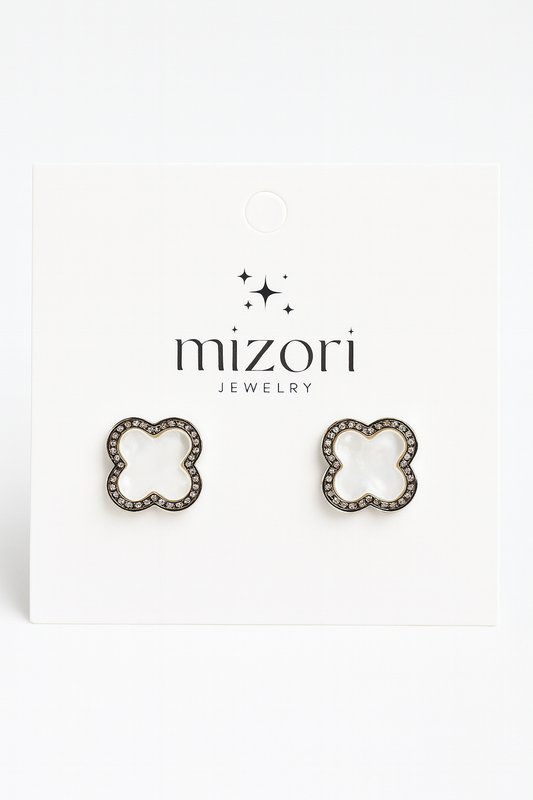 Mizori Jewelry stainless steel silver stud earrings with white 13mm clovers, water resistant