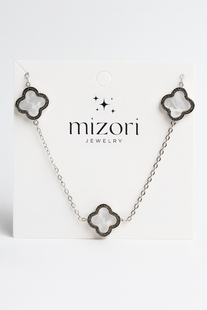Mizori Jewelry stainless steel silver necklace with white 13mm clovers, water resistant