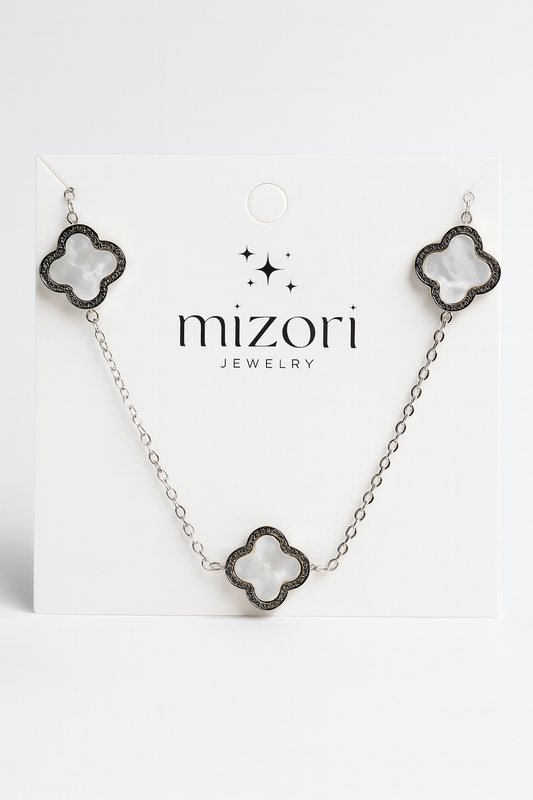 Mizori Jewelry stainless steel silver necklace with white 13mm clovers, water resistant