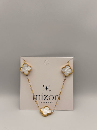 Mizori Jewelry white and gold stainless steel clover necklace, elegant minimalist women’s fashion accessory