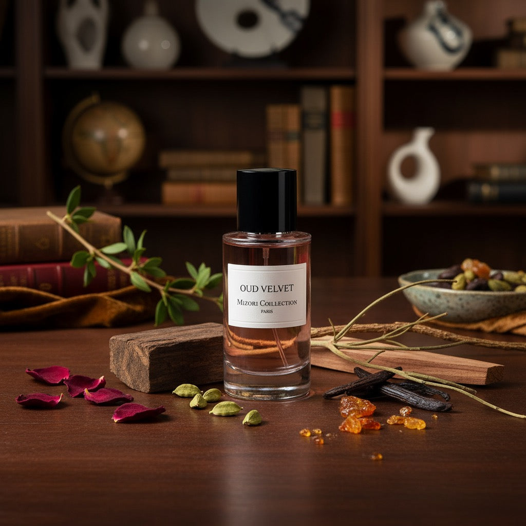 Oud Velvet perfume by Mizori Collection Paris 50ml unisex Eau de Parfum with oud, spicy cardamom, warm amber and woody notes, elegant fragrance bottle with ingredients and effects