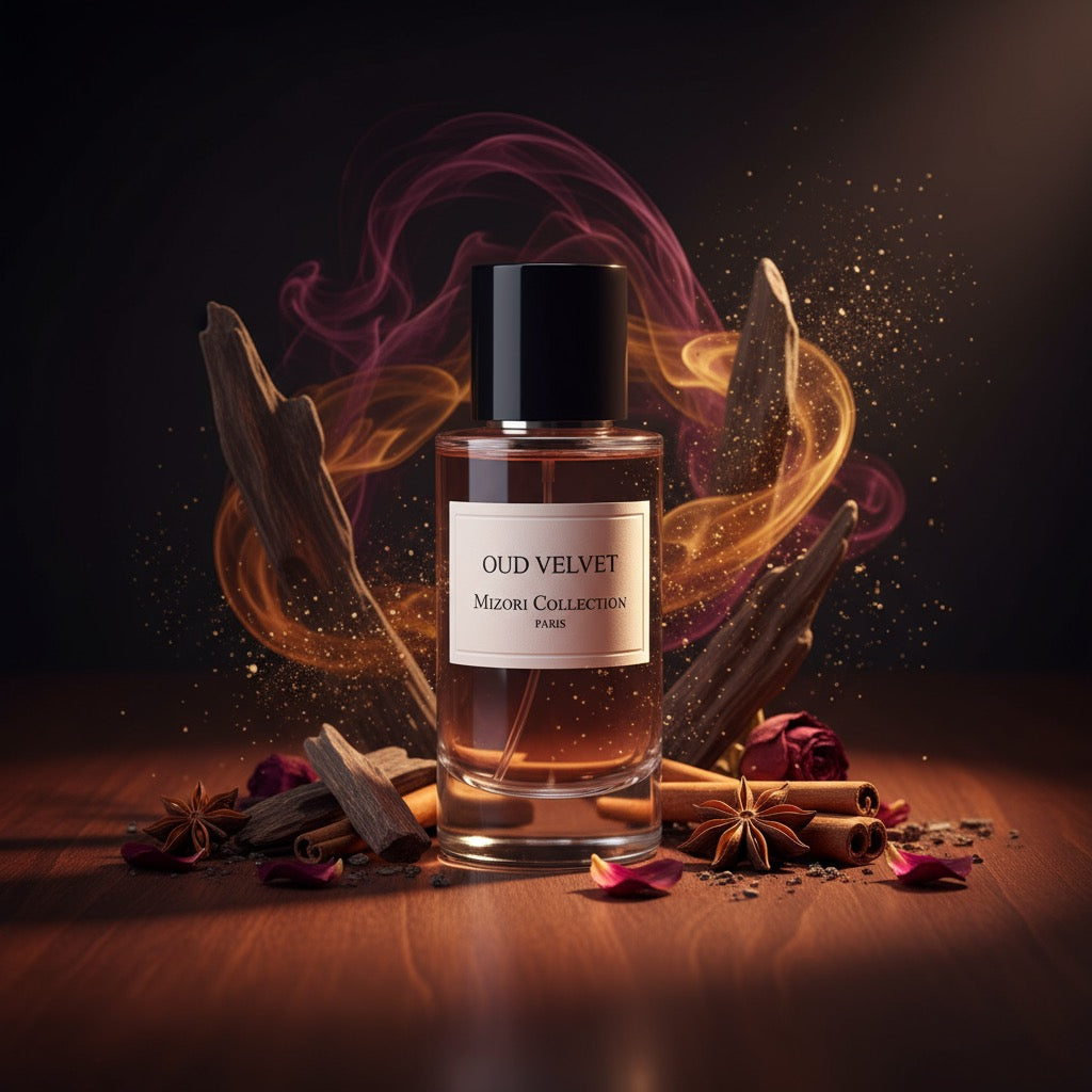 Oud Velvet perfume by Mizori Collection Paris 50ml unisex Eau de Parfum with smooth oud, warm amber and woody notes, luxury fragrance bottle with ingredients and effects