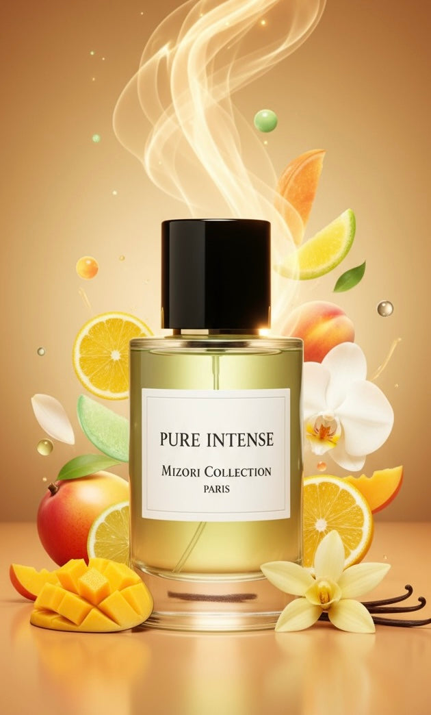Pure Intense perfume by Mizori Collection Paris 50ml unisex Eau de Parfum with fresh citrus, aromatic and woody notes, luxury fragrance bottle with ingredients and effects