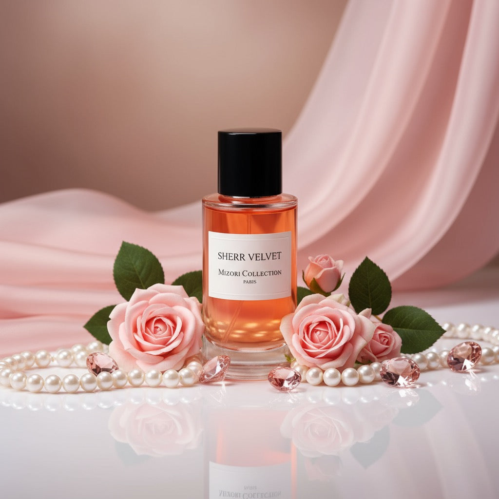 Sherr Velvet perfume by Mizori Collection Paris 50ml  women’s Eau de Parfum with pink rose, floral and sweet amber notes, elegant fragrance bottle with effects