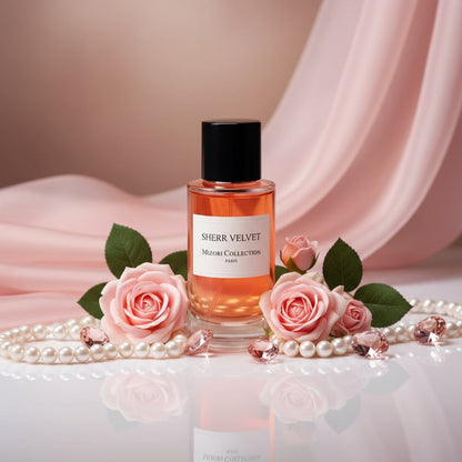 Sherr Velvet perfume by Mizori Collection Paris 50ml  women’s Eau de Parfum with pink rose, floral and sweet amber notes, elegant fragrance bottle with effects
