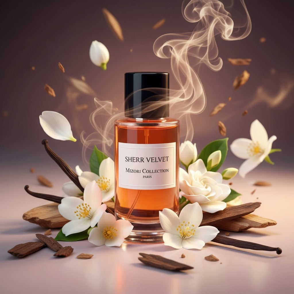 Sherr Velvet perfume by Mizori Collection Paris 50ml Eau de Parfum for women with soft floral, sweet vanilla and warm amber notes, elegant fragrance bottle with ingredients and effects