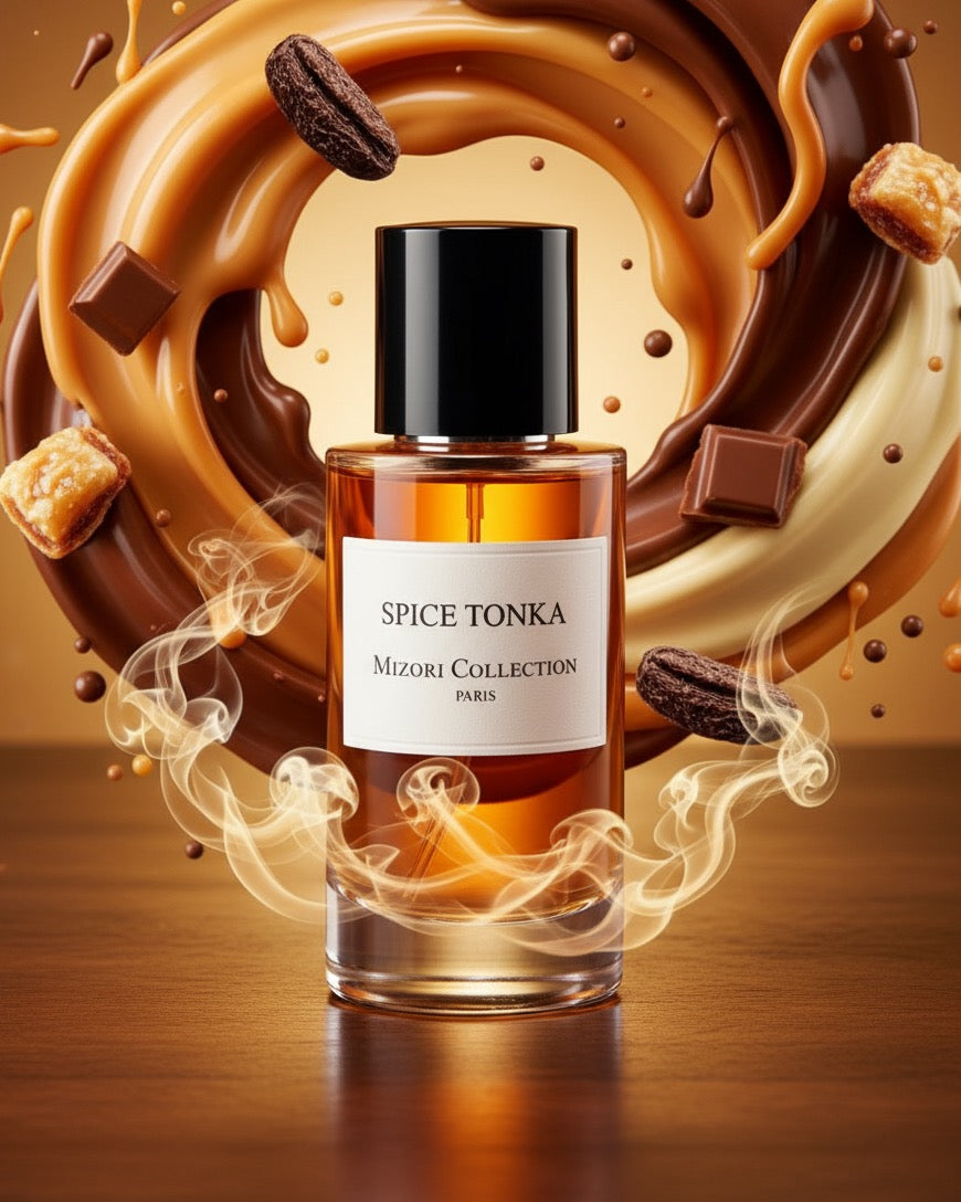 Spice Tonka perfume by Mizori Collection Paris 50ml  unisex Eau de Parfum with warm tonka bean, spicy and woody notes, elegant fragrance bottle with ingredients and effects