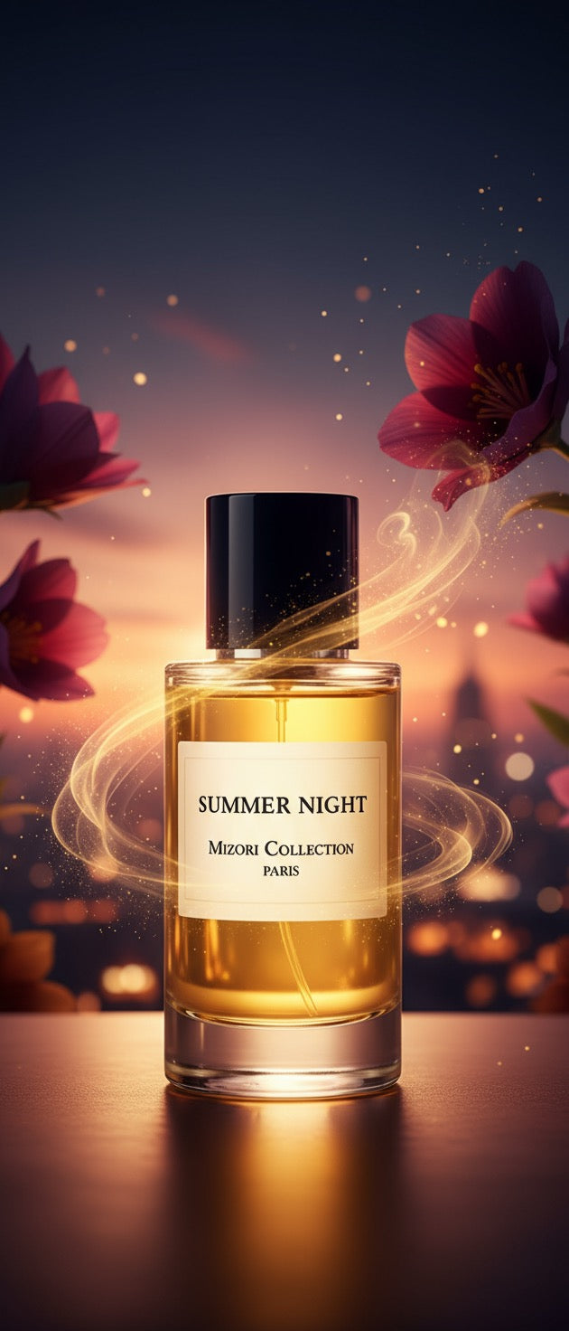 Summer Night perfume by Mizori Collection Paris 50ml unisex Eau de Parfum with floral rose, woody and amber notes, luxury fragrance bottle with dark vibes and effects