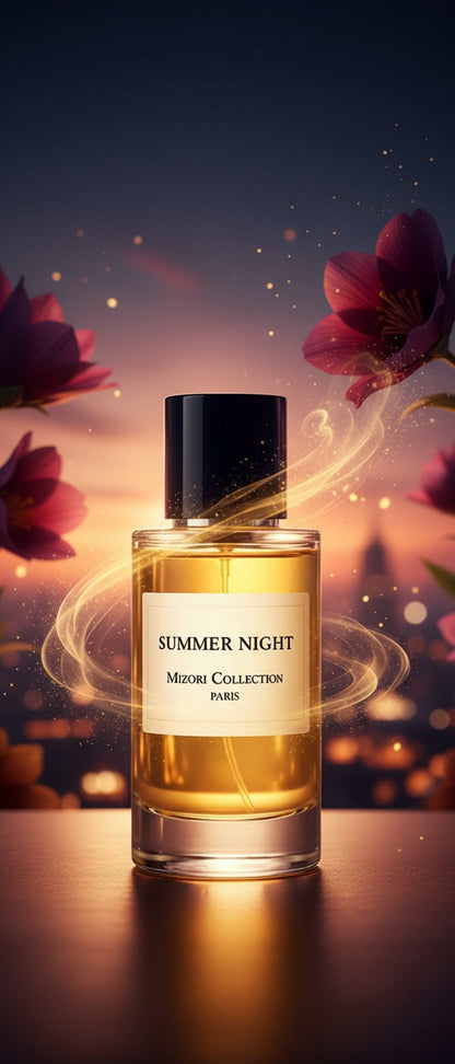 Summer Night perfume by Mizori Collection Paris 50ml unisex Eau de Parfum with floral rose, woody and amber notes, luxury fragrance bottle with dark vibes and effects