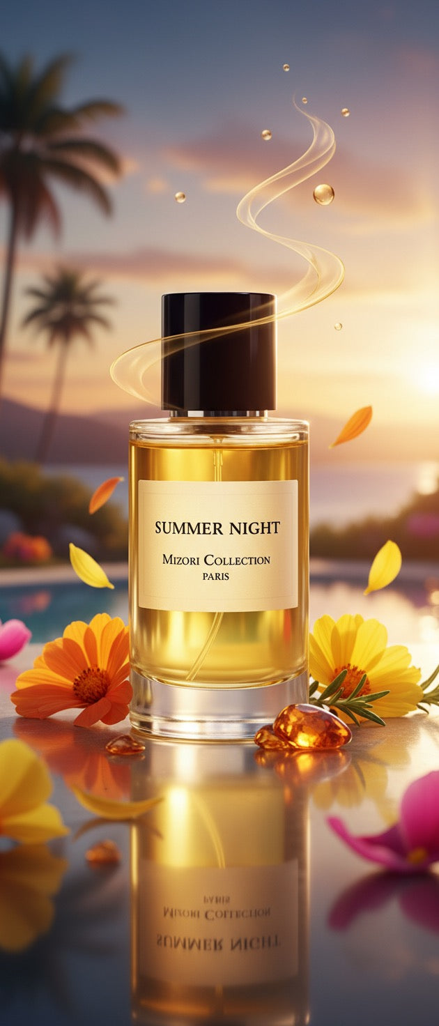 Summer Night perfume by Mizori Collection Paris 50ml – unisex Eau de Parfum with sensual evening scent, fruity and woody ingredients, luxury fragrance bottle