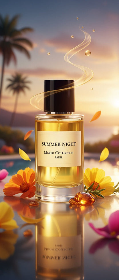 Summer Night perfume by Mizori Collection Paris 50ml – unisex Eau de Parfum with sensual evening scent, fruity and woody ingredients, luxury fragrance bottle