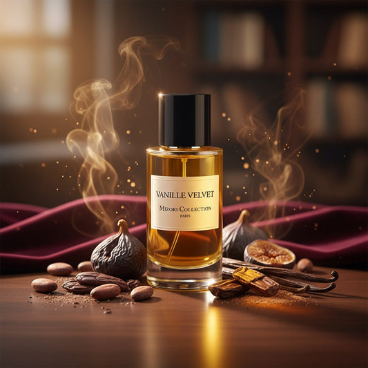 Vanille Velvet perfume by Mizori Collection Paris 50ml unisex Eau de Parfum with smooth vanilla, warm amber and soft woody notes, elegant fragrance bottle with ingredients and effects