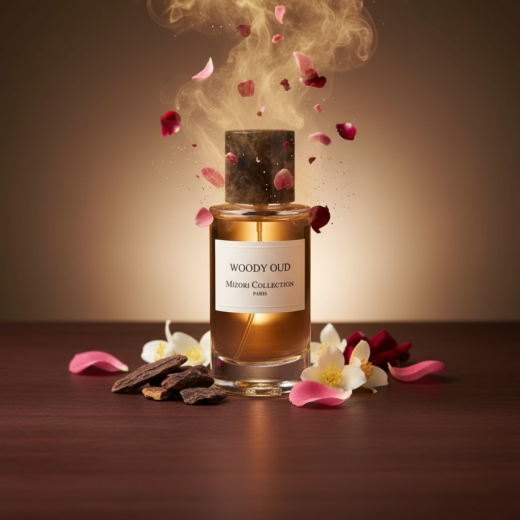 Woody Oud perfume by Mizori Collection Paris 50ml  unisex Eau de Parfum with rich oud, smoky woods and amber notes, luxury fragrance bottle with ingredients and effects